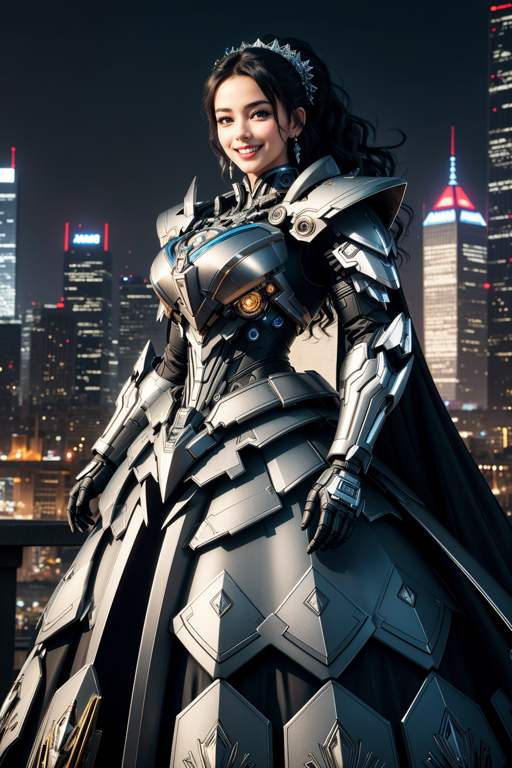 06777-3860070276-((Masterpiece, best quality,edgQuality)), _smiling,excited, edgMecha, a woman in a ballgown standing in front of a city at night.png